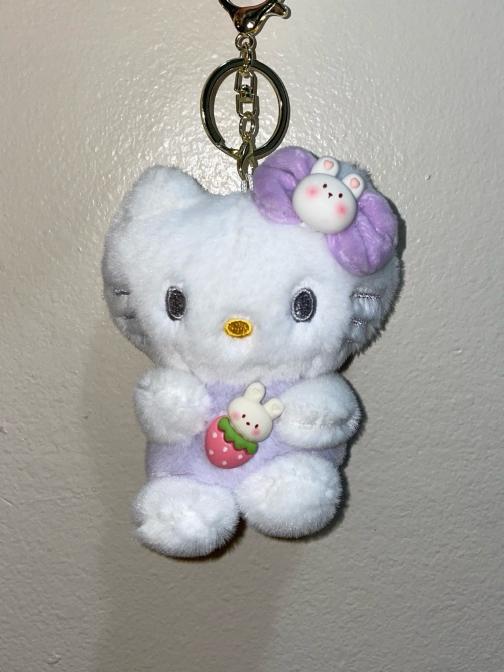 Plush White Hello Kitty Keychain with Lavender Bow and Strawberry